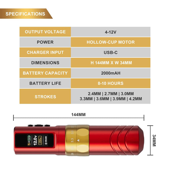 JCONLY Epoch R3  Wireless Tattoo Pen Machine specifications infographic showing 2000 mAh battery capacity and 8–10 hour battery life.