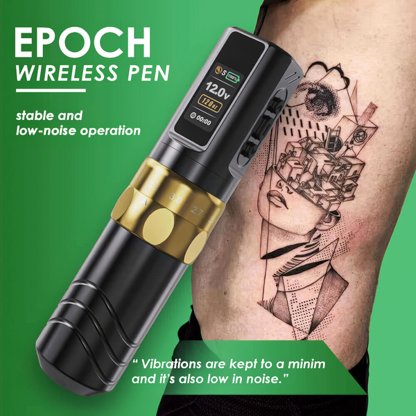 JCONLY Epoch R3 Black Wireless Tattoo Machine features infographic showing low-noise and stable operation with tattoo artwork.