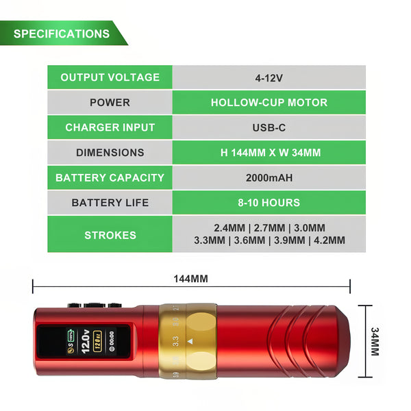 JCONLY Epoch R3 Red Wireless Tattoo Machine specifications infographic showing dimensions and technical specifications including 4–12V output, 2000mAh battery and adjustable 2.4–4.2mm stroke length.