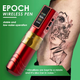 JCONLY Epoch R3 Red Wireless Tattoo Machine features infographic showing low-noise and stable operation with tattoo artwork.