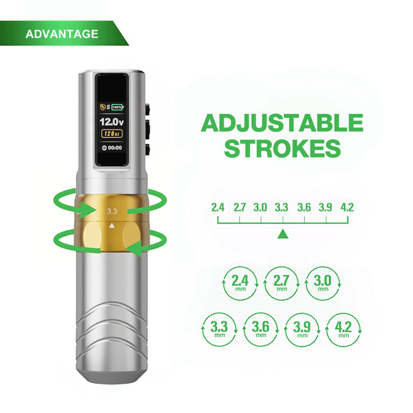 JCONLY Epoch R3 Silver Wireless Tattoo Pen features infographic showing adjustable 2.4–4.2mm stroke length.