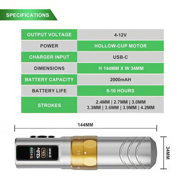 JCONLY Epoch R3 Sliver Wireless Tattoo Machine specifications infographic showing dimensions and technical specifications including 4–12V output, 2000mAh battery and adjustable 2.4–4.2mm stroke length.