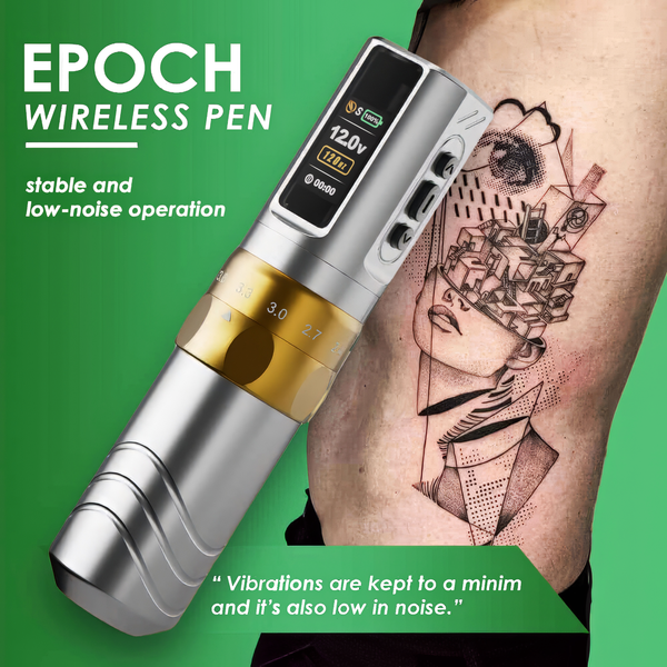 JCONLY Epoch R3 Silver Wireless Tattoo Machine features infographic showing low-noise and stable operation with tattoo artwork.