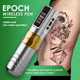 JCONLY Epoch R3 Silver Wireless Tattoo Machine features infographic showing low-noise and stable operation with tattoo artwork.