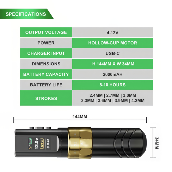 JCONLY Epoch R3 Black Wireless Tattoo Machine specifications infographic showing dimensions and technical specifications including 4–12V output, 2000mAh battery and adjustable 2.4–4.2mm stroke length.