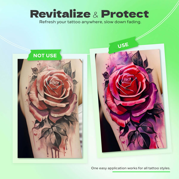 JCONLY REVEN Tattoo Aftercare Lotion before and after comparison highlighting improved tattoo color appearance and reduced fading over time.