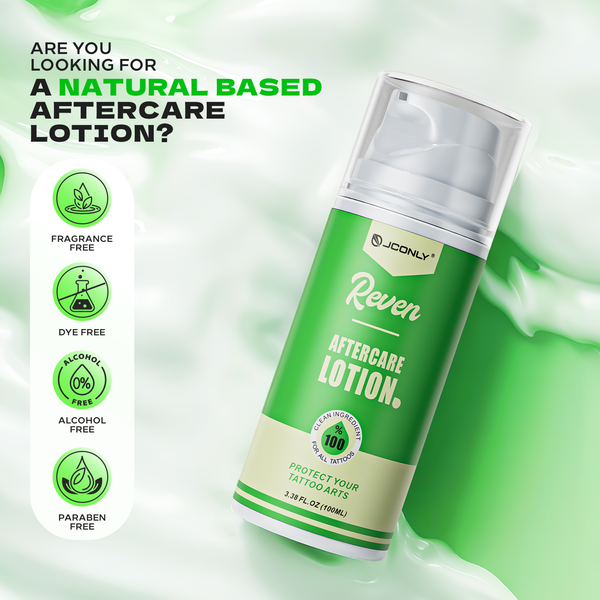 JCONLY REVEN Aftercare Lotion creative graphic showing four free-from formulas: fragrance-free, dye-free, alcohol-free and paraben-free with creamy lotion texture background