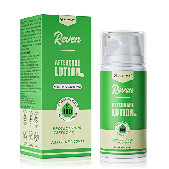 Front view of JCONLY REVEN Tattoo Aftercare Lotion with packaging, 100ml (3.38oz) tattoo aftercare lotion.