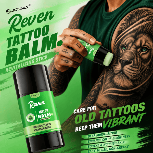 JCONLY Reven Tattoo Balm Stick application scene showing care for healed tattoos and improved color vibrancy.