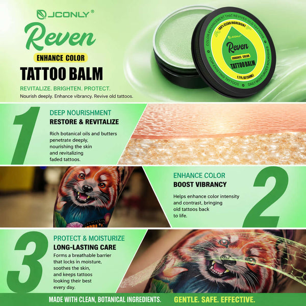 JCONLY REVEN Enhance Tattoo Balm how it works infographic showing deep nourishment and improved tattoo appearance.
