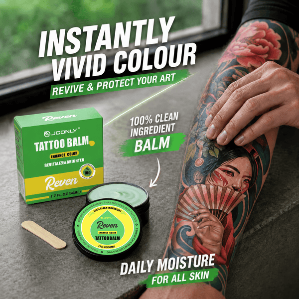 JCONLY REVEN Enhance Tattoo Balm application scene showing daily tattoo care with improved color vibrancy and moisturized tattooed skin.