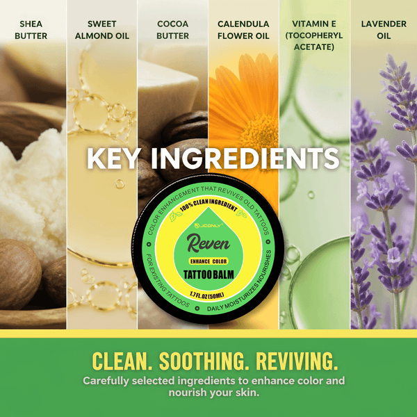 JCONLY REVEN Enhance Tattoo Balm key ingredients infographic featuring shea butter, cocoa butter, and lavender oil for tattoo care.