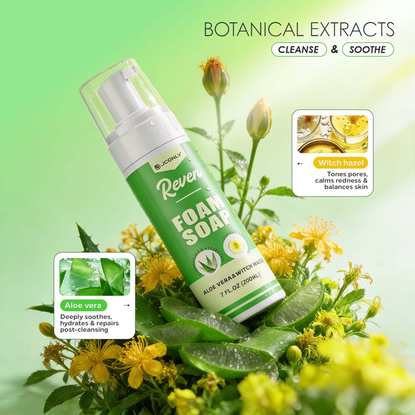 JCONLY Reven Tattoo Foam Soap botanical ingredients infographic featuring aloe vera and witch hazel for tattoo aftercare.