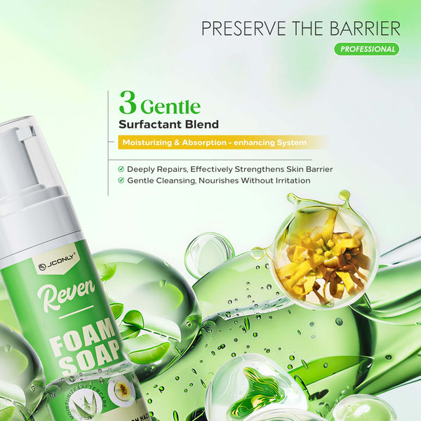JCONLY Reven Tattoo Foam Soap benefits infographic featuring a gentle surfactant blend for mild tattoo and piercing cleansing.