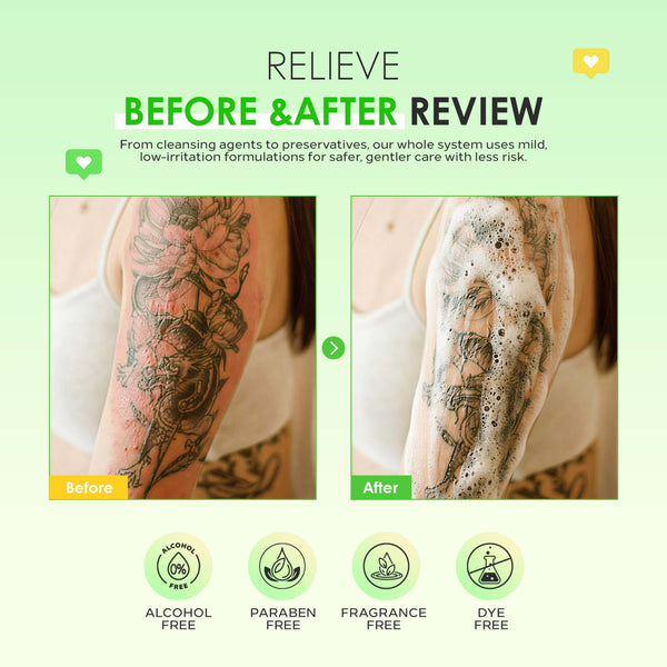 JCONLY Reven Tattoo Foam Soap before and after comparison highlighting gentle cleansing and comfortable tattoo aftercare.
