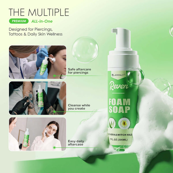 JCONLY Reven Tattoo Foam Soap multi-use infographic showing tattoo care, piercing cleansing, and daily skin cleansing for all-in-one aftercare.