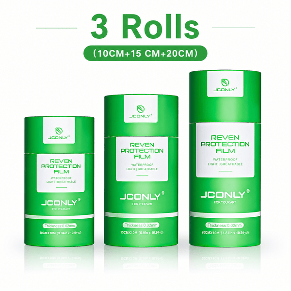 JCONLY REVEN 0.02 mm Tattoo Protection Film variety pack showing 10 cm, 15 cm, and 20 cm rolls.