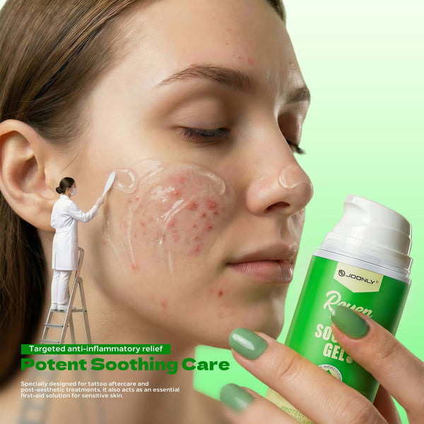 JCONLY REVEN Tattoo Soothe Gel benefits infographic featuring calming relief and comfort for irritated tattoo skin.
