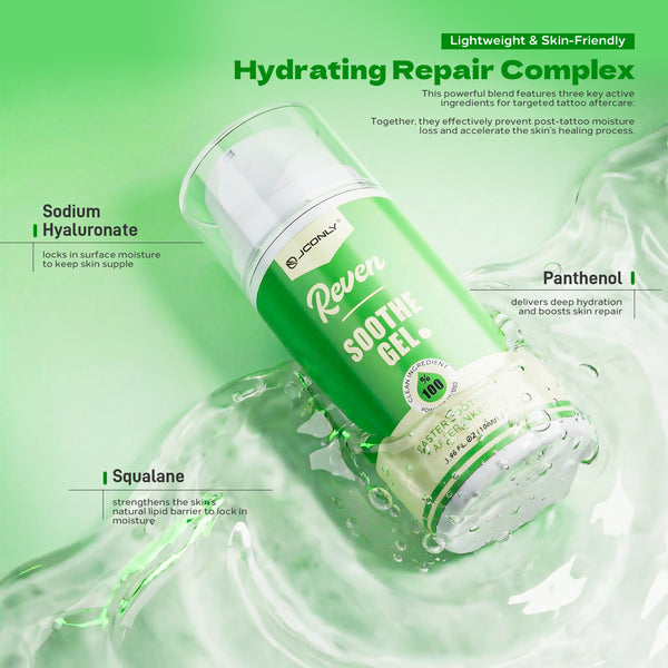 JCONLY REVEN Soothe Gel creative graphic showing three hydrating ingredients: Sodium Hyaluronate, Panthenol and Squalane with water texture background