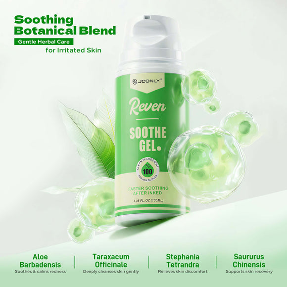 JCONLY REVEN Tattoo Soothe Gel botanical ingredients infographic featuring aloe vera and herbal blend for soothing tattoo care.