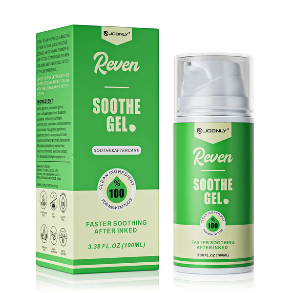 Front view of JCONLY REVEN Tattoo Soothe Gel with packaging, 100ml (3.38oz) tattoo aftercare gel.