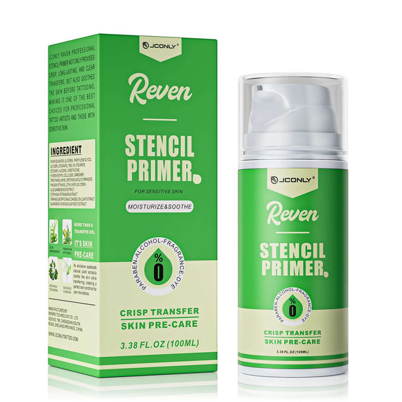 Front view of JCONLY REVEN Tattoo Stencil Primer with packaging, 100ml (3.38oz) tattoo stencil primer.