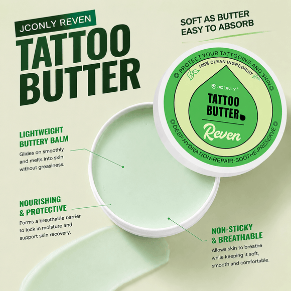Top view of JCONLY Reven Tattoo Butter with the lid open, showing the smooth tattoo butter texture for daily aftercare.