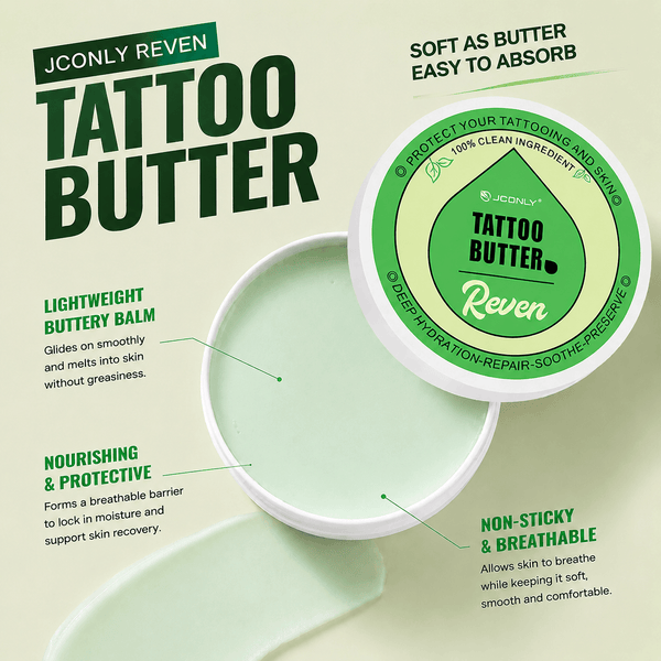 Top view of JCONLY Reven Tattoo Butter with the lid open, showing the smooth tattoo butter texture for daily aftercare.