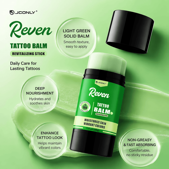 JCONLY Reven Tattoo Balm Stick benefits infographic featuring deep nourishment and a non-greasy texture for daily tattoo care.