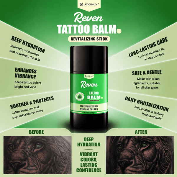 JCONLY Reven Tattoo Balm Stick before and after comparison highlighting improved hydration and tattoo color vibrancy.