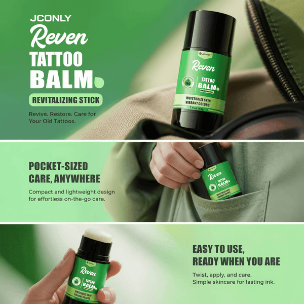 JCONLY Reven Tattoo Balm Stick portability infographic showing a pocket-sized design for convenient on-the-go tattoo care.