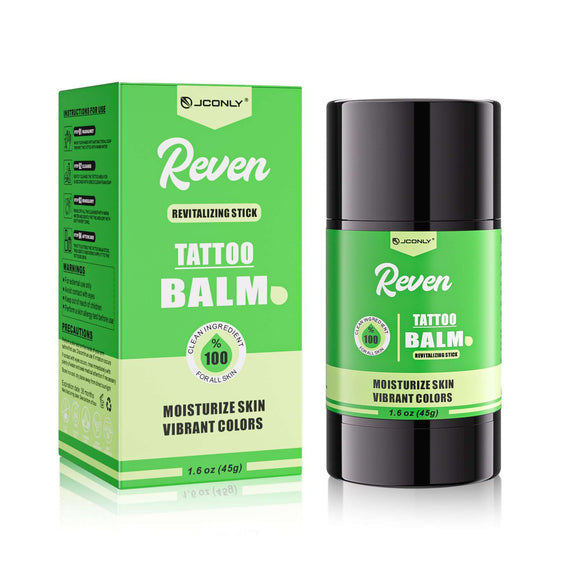 Front view of JCONLY Reven Tattoo Balm Stick with packaging, 1.6 oz (45g) tattoo aftercare balm stick.