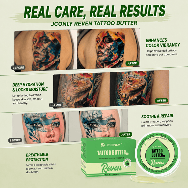 JCONLY Reven Tattoo Butter before and after results highlighting improved hydration and tattoo color vibrancy.