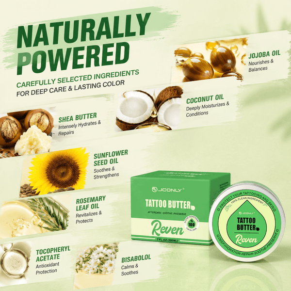 JCONLY Reven Tattoo Butter ingredients infographic featuring shea butter, coconut oil, and jojoba oil for tattoo aftercare.