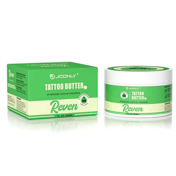 Front view of JCONLY Reven Tattoo Butter with packaging, 7 FL OZ (200ml) tattoo aftercare butter.
