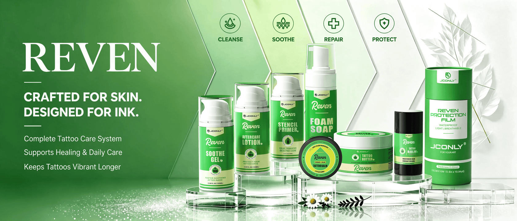 JCONLY REVEN complete tattoo aftercare system banner featuring full range of tattoo care products for cleanse, soothe, repair and protect.
