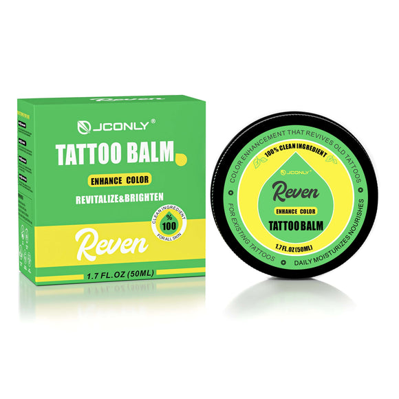 Front view of JCONLY REVEN Enhance Tattoo Balm with packaging, 50g (1.7 OZ) tattoo aftercare balm.