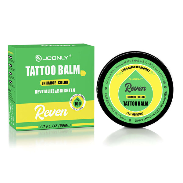 Front view of JCONLY REVEN Enhance Tattoo Balm with packaging, 50g (1.7 OZ) tattoo aftercare balm.