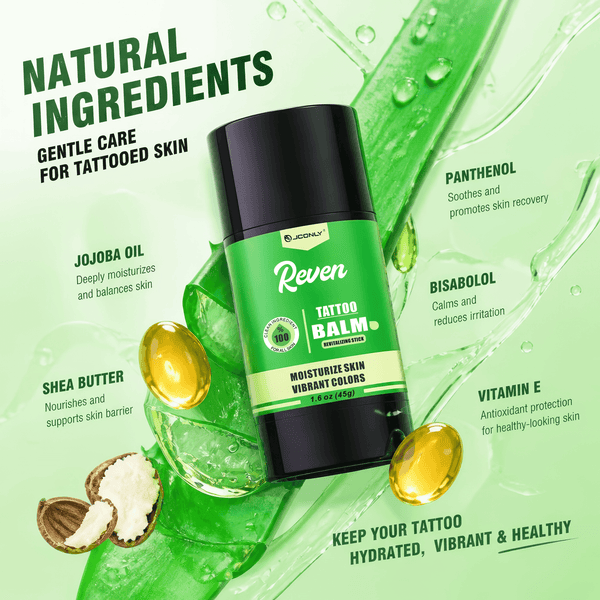 JCONLY Reven Tattoo Balm Stick ingredients infographic featuring jojoba oil, shea butter, and panthenol for tattooed skin care.