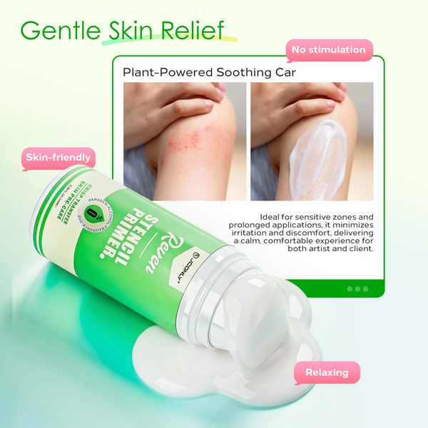 JCONLY REVEN Tattoo Stencil Primer benefits infographic showing plant-based, gentle formula suitable for sensitive tattoo skin
