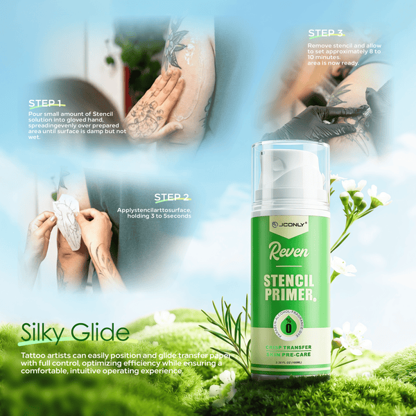 JCONLY REVEN Tattoo Stencil Primer usage infographic showing silky glide texture for smooth tattoo stencil transfer