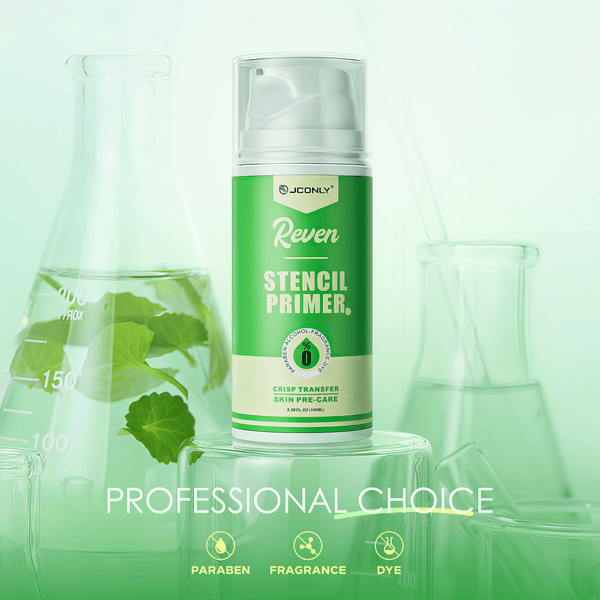JCONLY REVEN Tattoo Stencil Primer product infographic featuring centella asiatica with paraben-free, fragrance-free and dye-free formula in lab glassware display