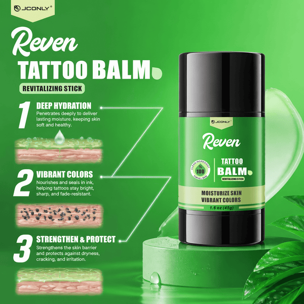 JCONLY Reven Tattoo Balm Stick how it works infographic showing deep hydration and improved tattoo appearance.
