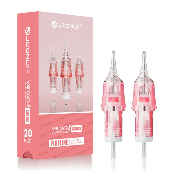 Front view of JCONLY VETAR S Fineline Cartridge Needles with packaging box, 20pcs per box tattoo round liner cartridges.