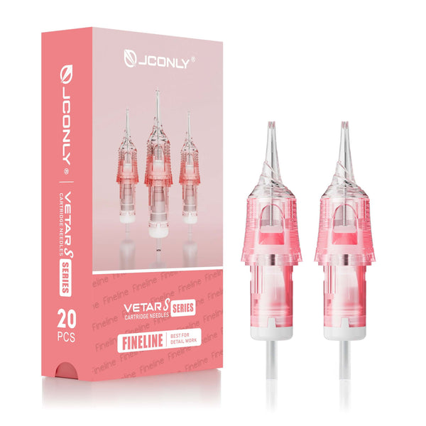 Front view of JCONLY VETAR S Fineline Cartridge Needles with packaging box, 20pcs per box tattoo round liner cartridges.