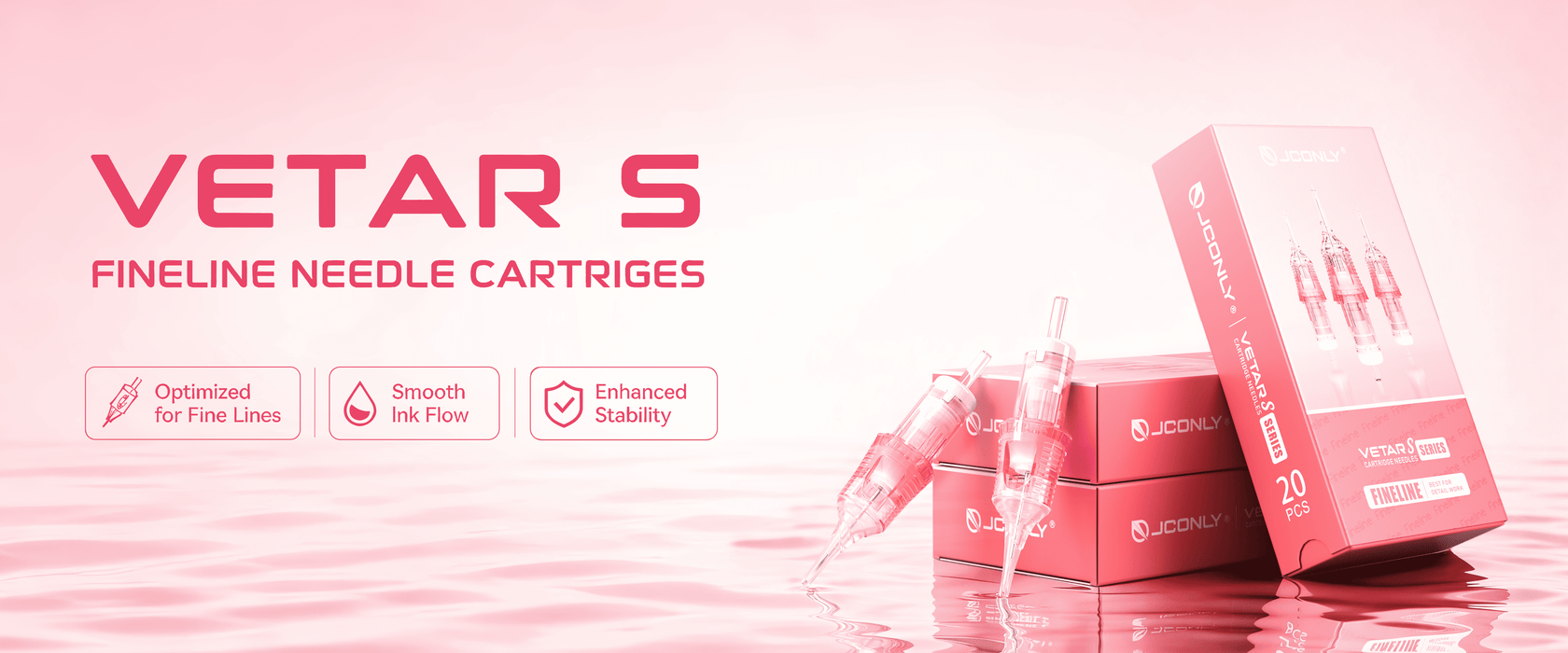 JCONLY VETAR S Fineline tattoo cartridge needles banner featuring pink cartridge needles, product boxes and key features for fine line tattooing.
