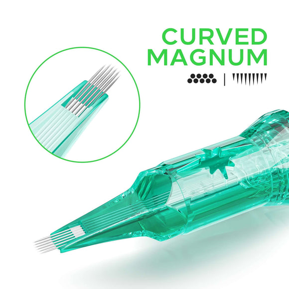 JCONLY VINK Tattoo Cartridge Needles curved magnum detail shot showing curved needle configuration for large area shading.