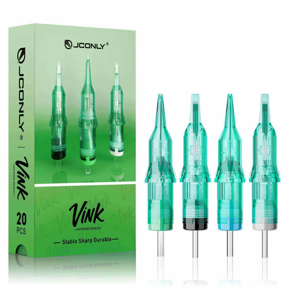 Front view of JCONLY VINK Tattoo Cartridge Needles with packaging, 20pcs per box tattoo cartridge needles.