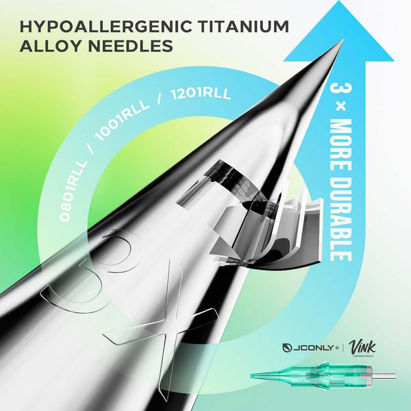 JCONLY VINK Titanium Tattoo Cartridge Needles material infographic featuring titanium alloy construction for smooth performance on sensitive skin.