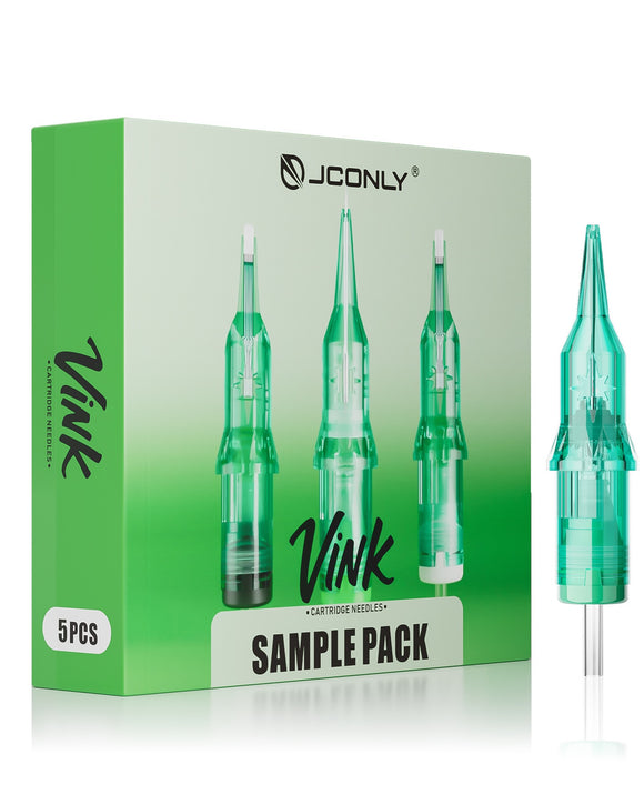 Front view of JCONLY VINK Tattoo Cartridge Mixed Sizes Sample Box with five needle configurations.